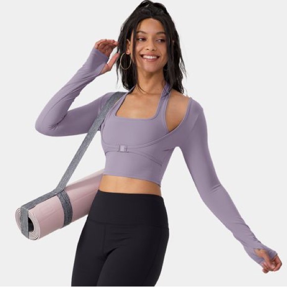 NWT Halara 2-in-1 Sport Cropped Halter Clip Front Long Sleeve w/ Thumb Hole - Picture 4 of 8